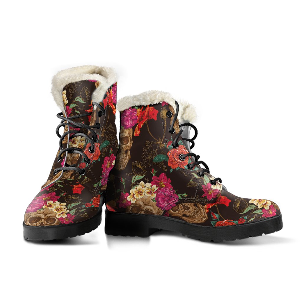 Vintage Flowers & Skulls Faux Fur Leather Boots: Step Into Hippie Style - 3