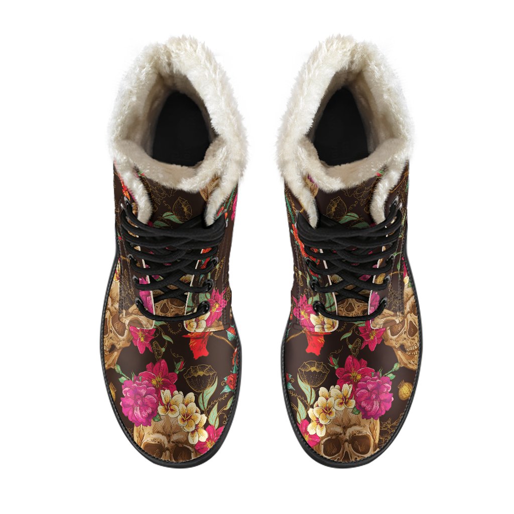 Vintage Flowers & Skulls Faux Fur Leather Boots: Step Into Hippie Style - 4