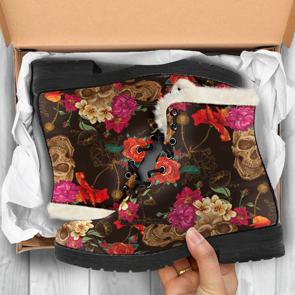 Vintage Flowers & Skulls Faux Fur Leather Boots: Step Into Hippie Style - 5