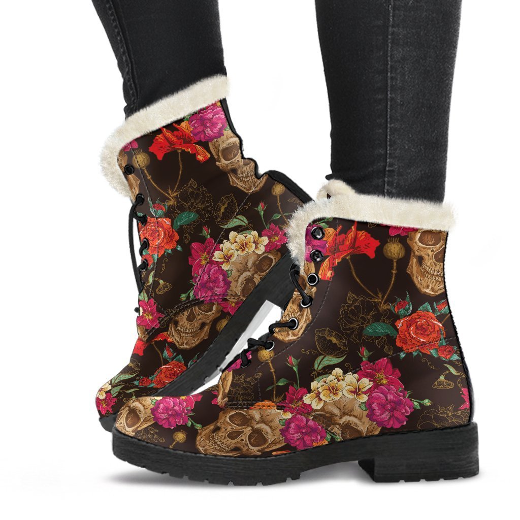 Vintage Flowers & Skulls Faux Fur Leather Boots: Step Into Hippie Style - 1