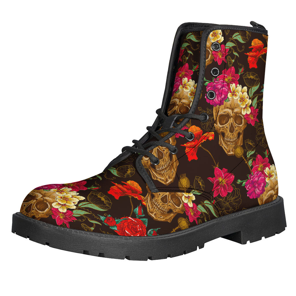 Vintage Flower Skull Pattern Leather Boots for the Groovy Hippie - 1