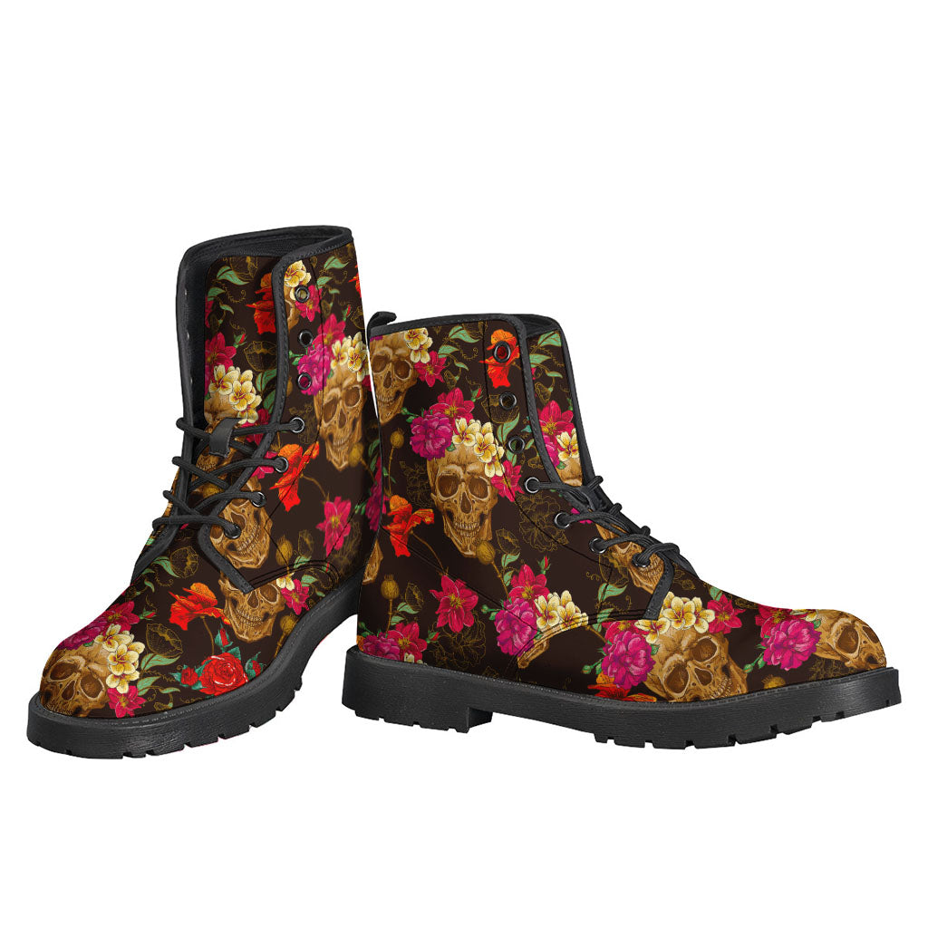 Vintage Flower Skull Pattern Leather Boots for the Groovy Hippie - 3