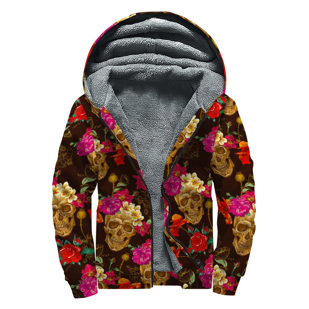 Vintage Flowers and Skulls Sherpa Lined Zip Up Hoodie - A Groovy Hippie Style Essential - 1