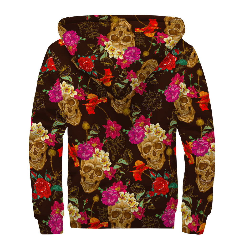 Vintage Flowers and Skulls Sherpa Lined Zip Up Hoodie - A Groovy Hippie Style Essential - 2