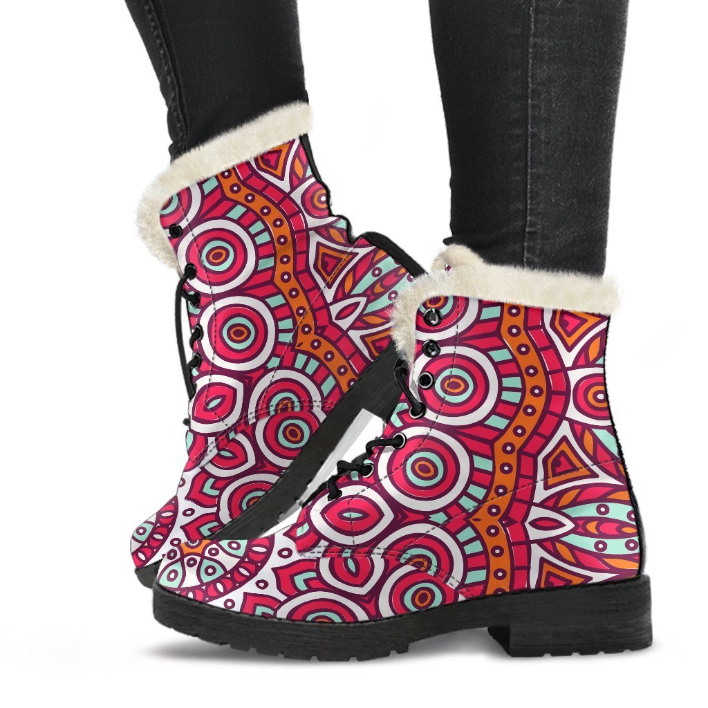 Vintage Indian Mandala Print Hippie Faux Fur Leather Boots for Boho Style Seekers - 1