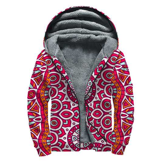 Boho Bliss: Vintage Indian Mandala Print Sherpa Lined Zip Up Hoodie - 1