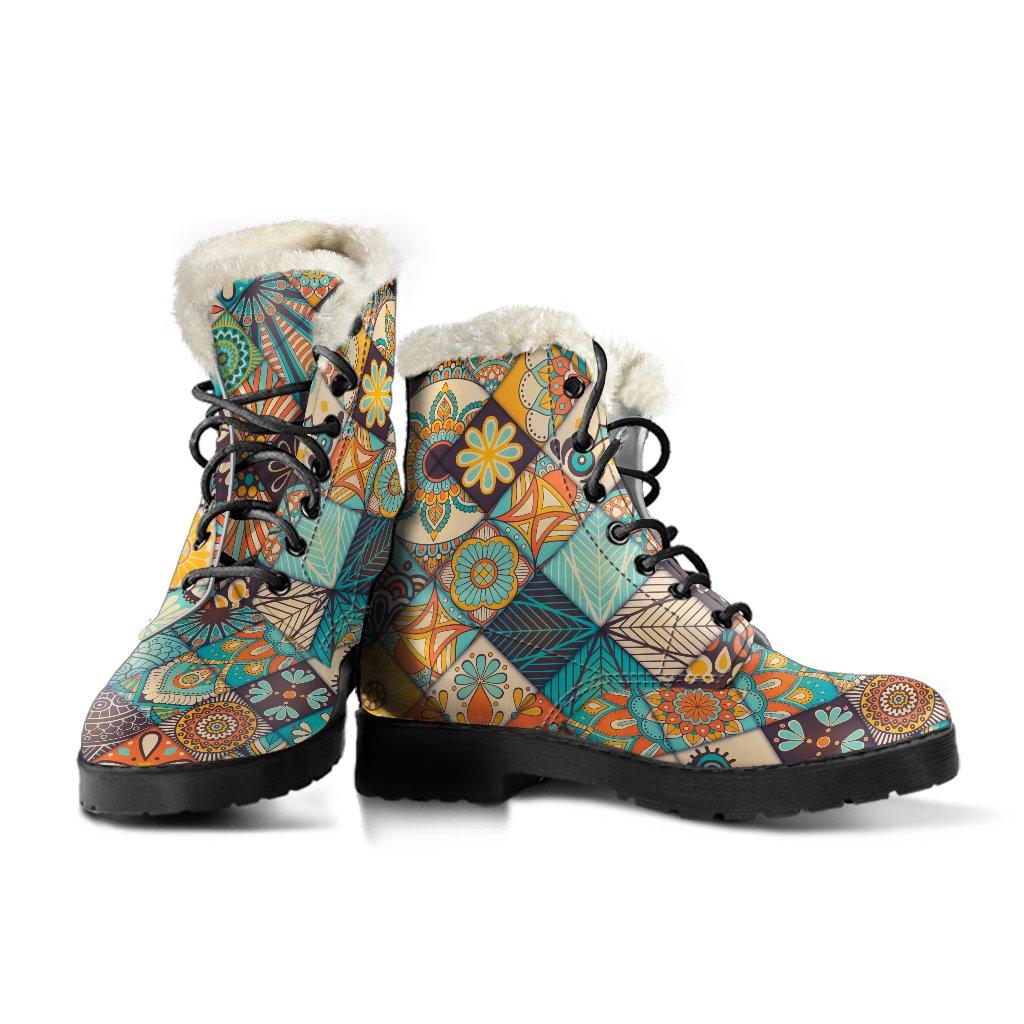 Mandala Bohemian Faux Fur Leather Boots: A Hippie's Dream - 3