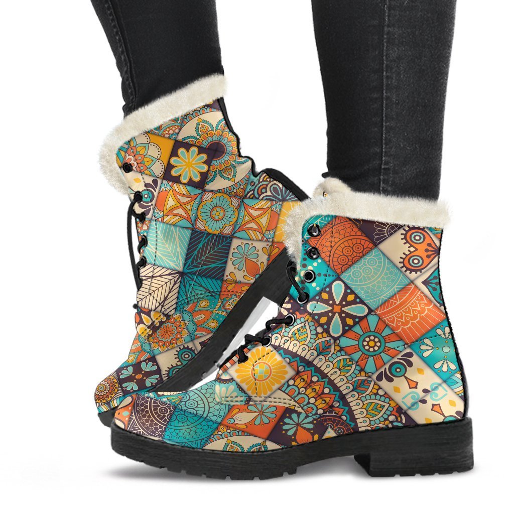 Mandala Bohemian Faux Fur Leather Boots: A Hippie's Dream - 1