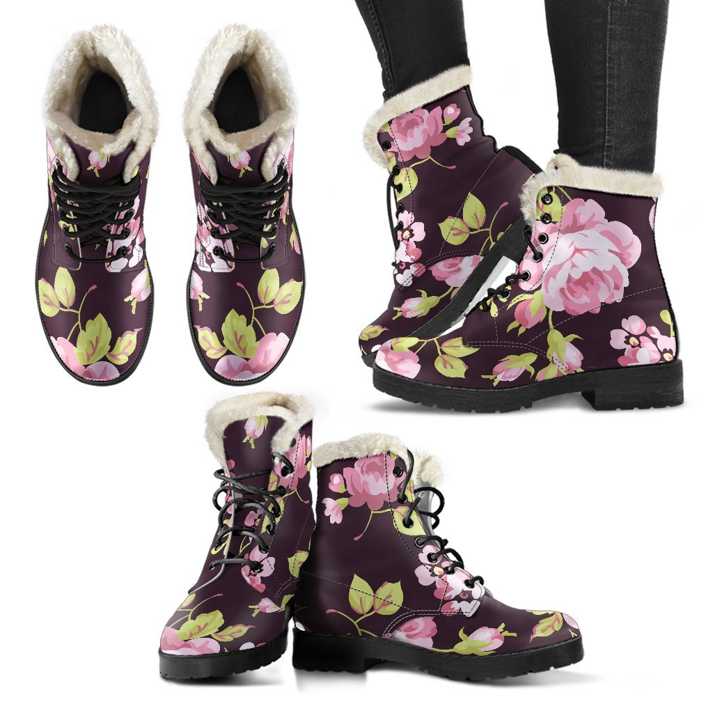 Vintage Pink Rose Floral Faux Fur Leather Boots for Groovy Hippies - 2