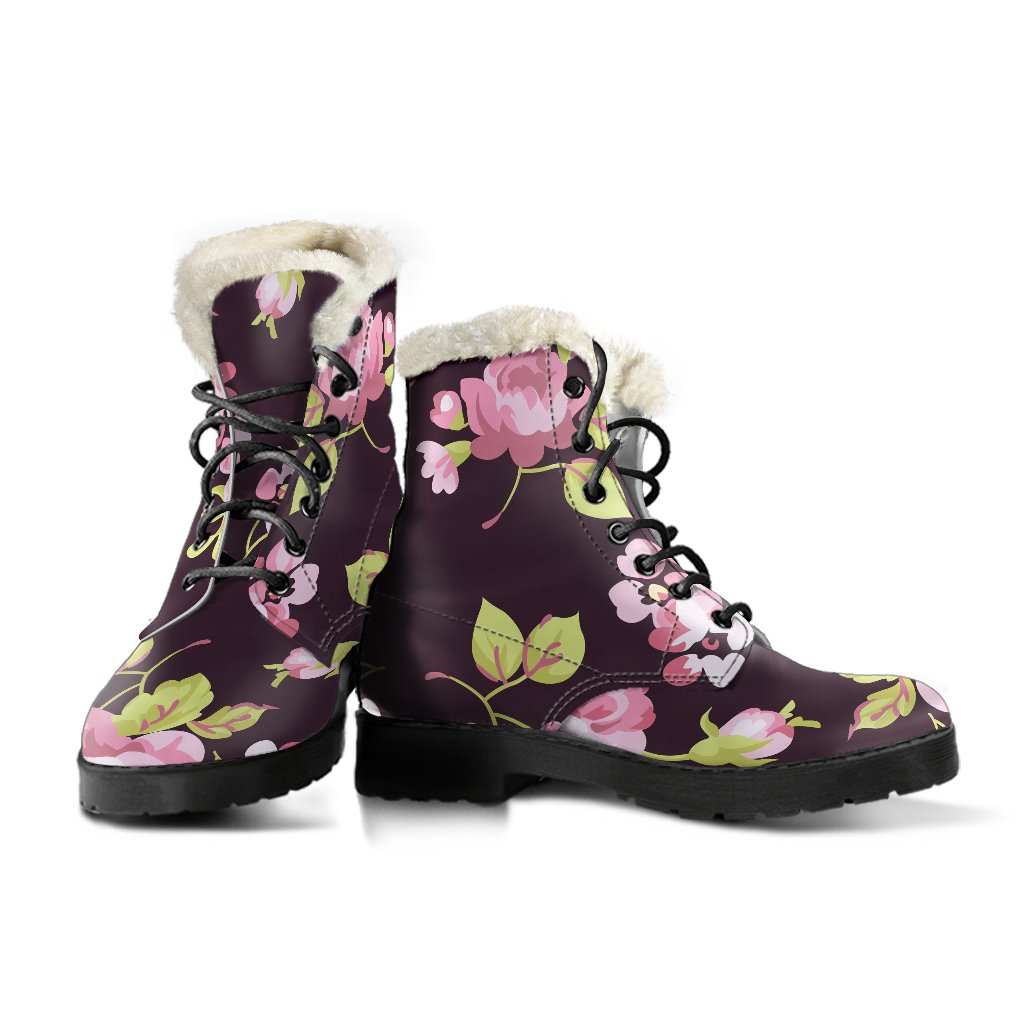 Vintage Pink Rose Floral Faux Fur Leather Boots for Groovy Hippies - 3