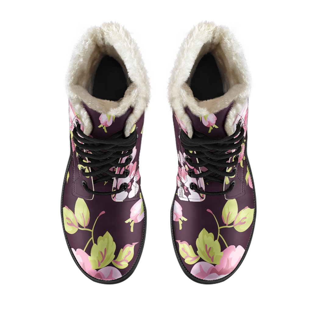 Vintage Pink Rose Floral Faux Fur Leather Boots for Groovy Hippies - 4