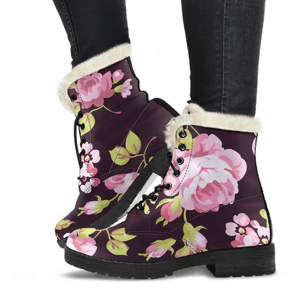 Vintage Pink Rose Floral Faux Fur Leather Boots for Groovy Hippies - 1