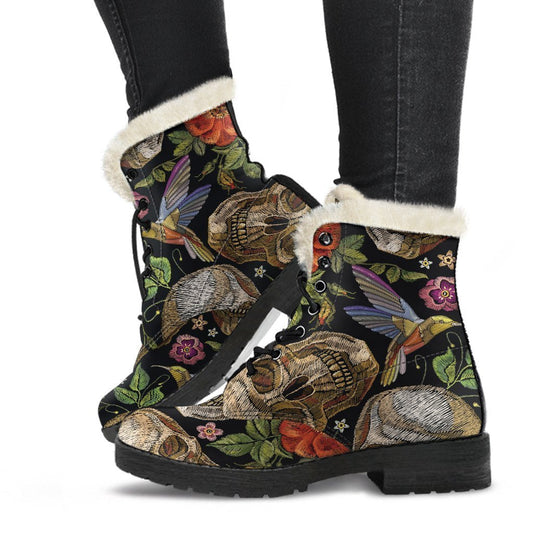 Vintage Skull Pattern Faux Fur Leather Boots for the Boho-Chic Hippie - 1