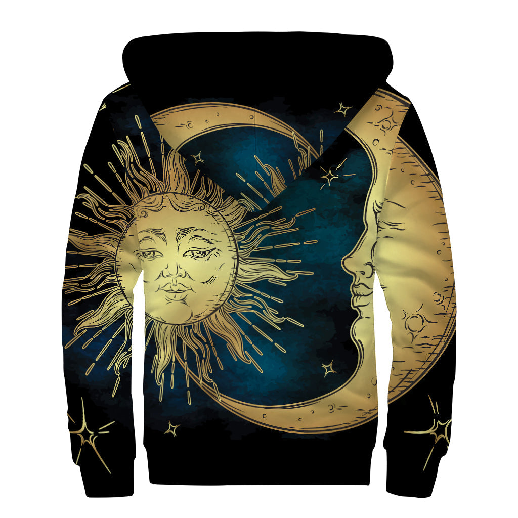 Vintage Sun and Moon Print Sherpa-Lined Zip Up Hoodie for Free-Spirited Hippies - 2