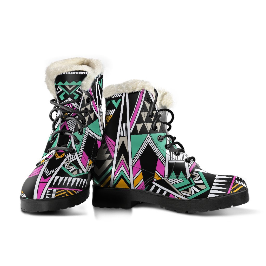 Groovy Vibes: Vintage Tribal Aztec Pattern Faux Fur Leather Boots for Hipsters - 3