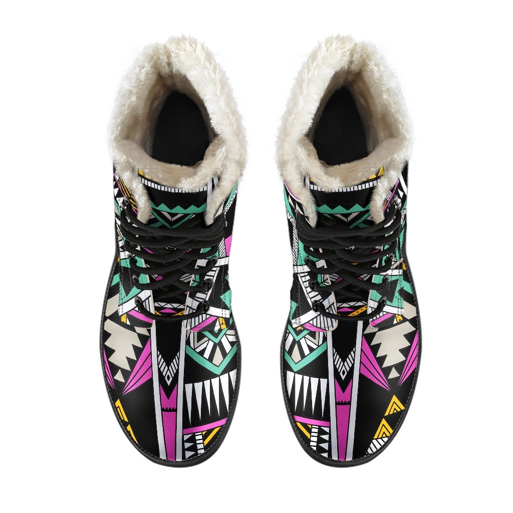 Groovy Vibes: Vintage Tribal Aztec Pattern Faux Fur Leather Boots for Hipsters - 4