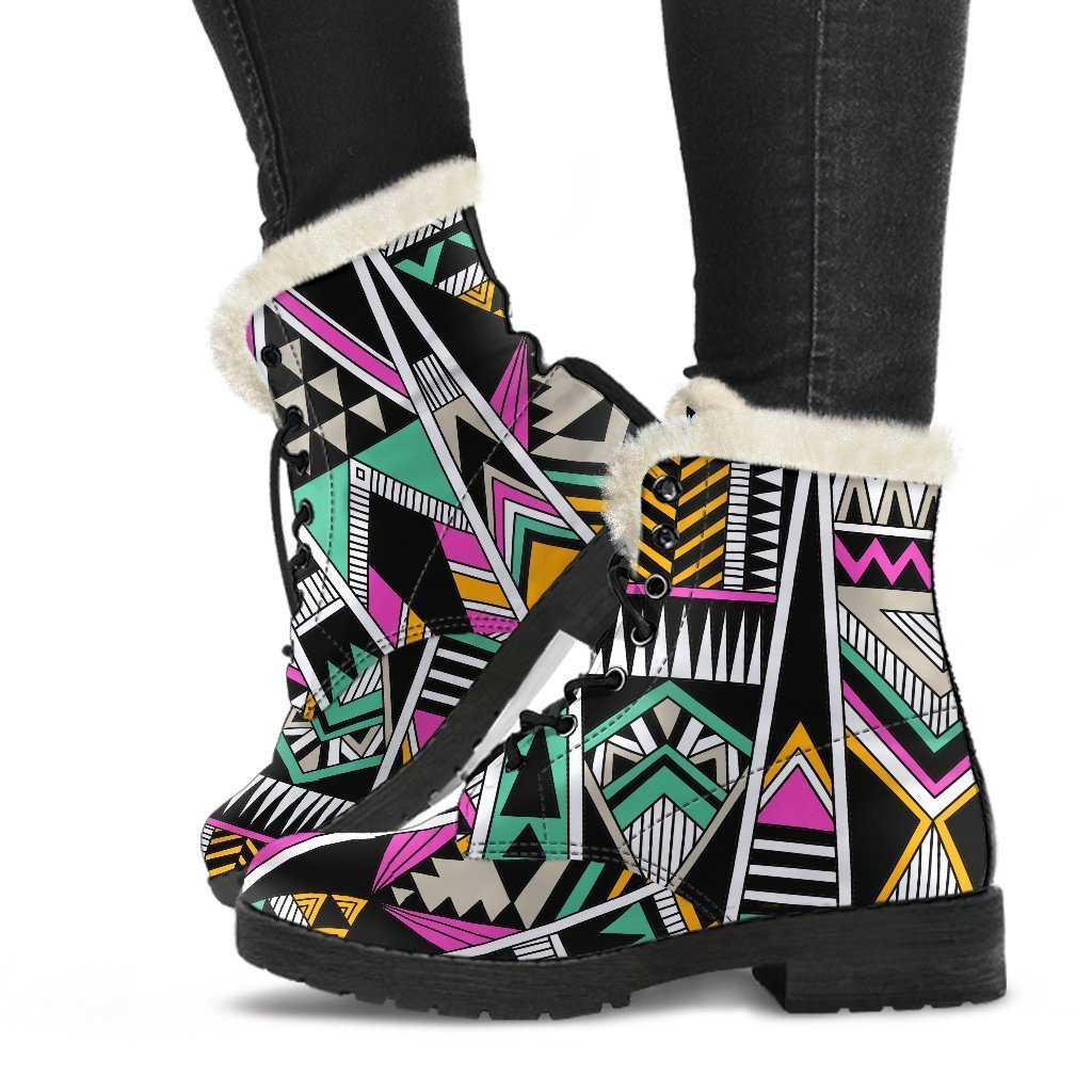 Groovy Vibes: Vintage Tribal Aztec Pattern Faux Fur Leather Boots for Hipsters - 1