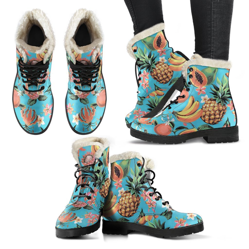 Groovy Faux Fur Leather Boots with Vintage Tropical Fruits Pattern - 2