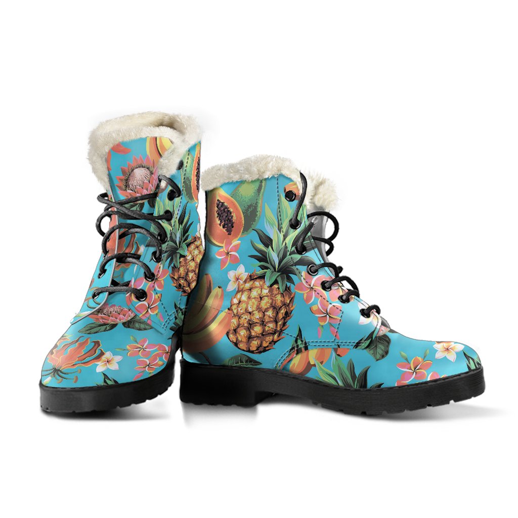 Groovy Faux Fur Leather Boots with Vintage Tropical Fruits Pattern - 3