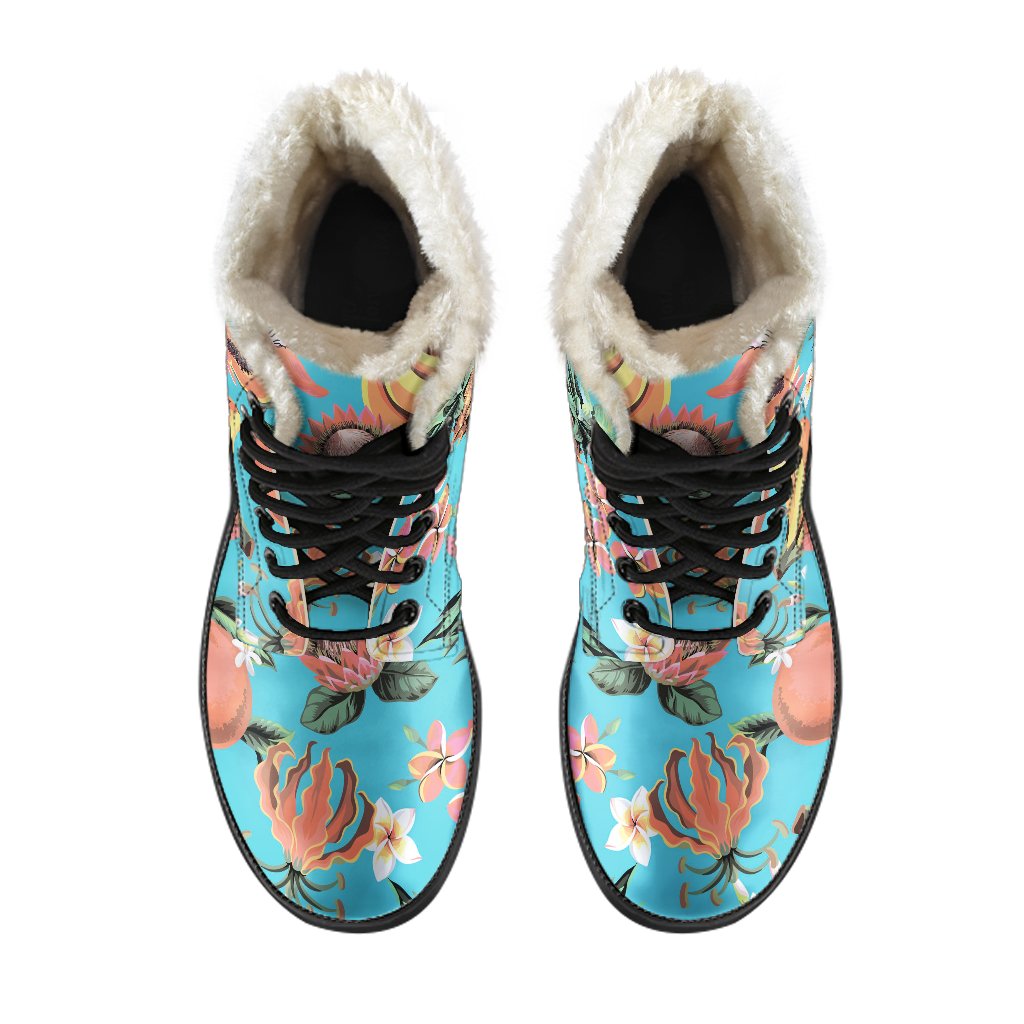 Groovy Faux Fur Leather Boots with Vintage Tropical Fruits Pattern - 4