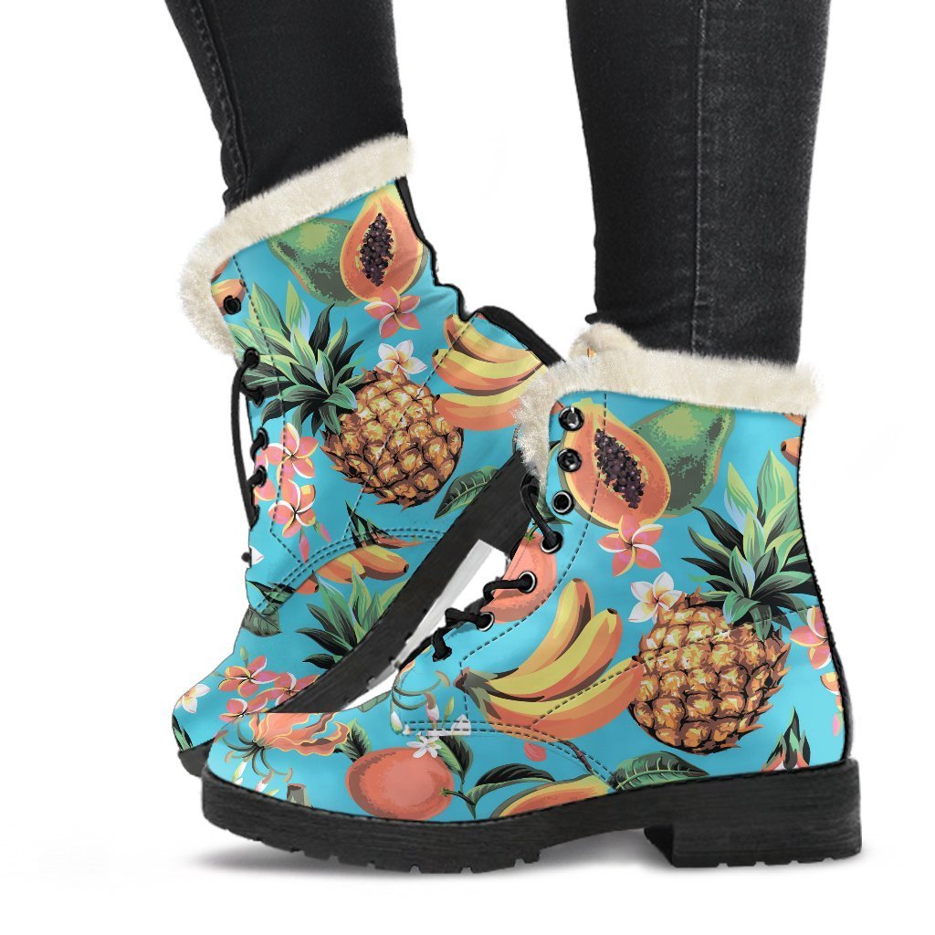 Groovy Faux Fur Leather Boots with Vintage Tropical Fruits Pattern - 1