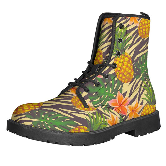 Boho Chic: Vintage Zebra Pineapple Pattern Leather Boots for Hippies - 1