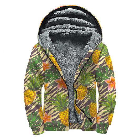 Vintage Zebra Pineapple Pattern Print Sherpa Lined Zip Up Hoodie: Embracing the Hippie Spirit in Style - 1