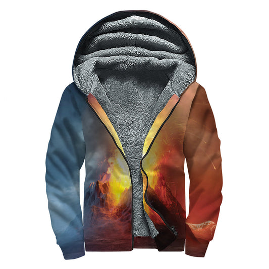 Volcano Eruption Print Sherpa Lined Zip Up Hoodie: Embracing the Hippie Style - 1