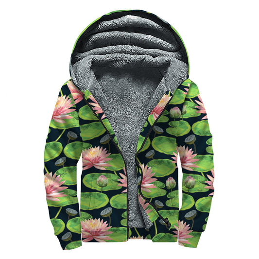 Water Lily Sherpa Bliss: Stay Cozy in Style with this Flower-Patterned Zip Up Hoodie! - 1