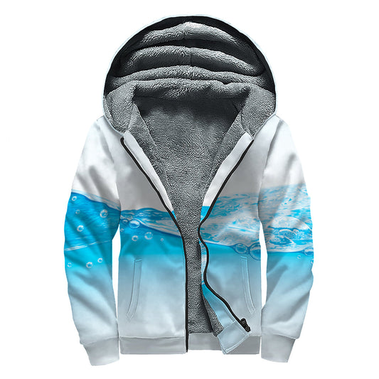 Water Wave Print Sherpa Lined Zip Up Hoodie: Embrace Your Inner Hippie Style with Cozy Comfort - 1