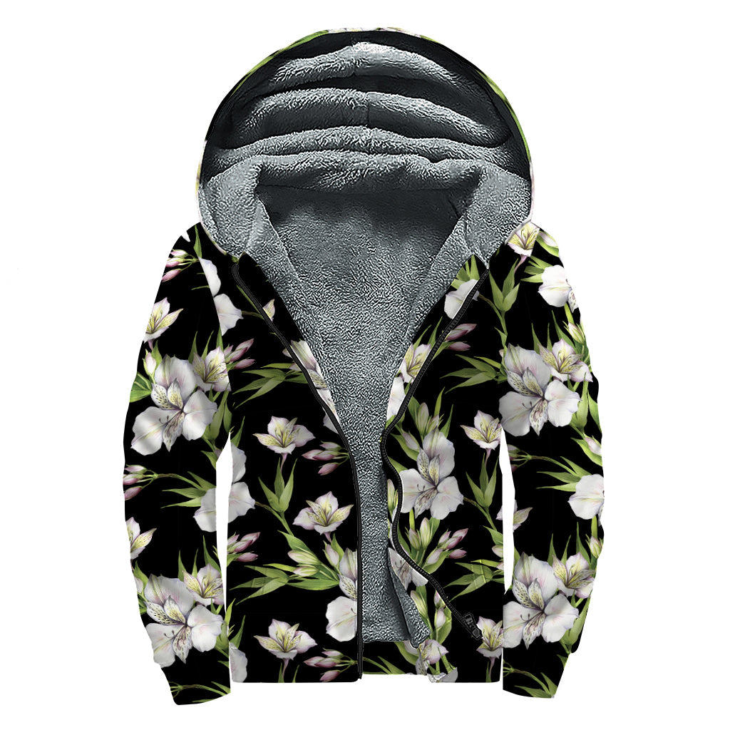 Watercolor Alstroemeria Pattern Sherpa Lined Zip Up Hoodie for Hippie Fashionistas - 1