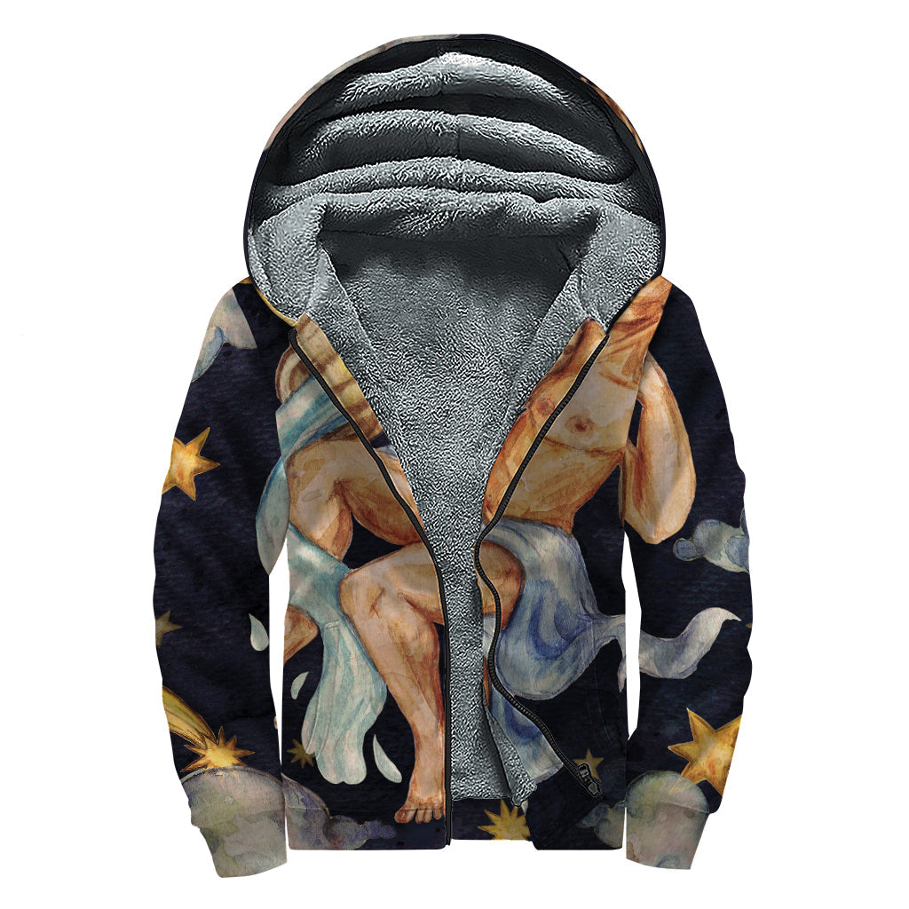 Watercolor Aquarius Zodiac Sign Sherpa Lined Zip Up Hoodie for Groovy Hippies - 1