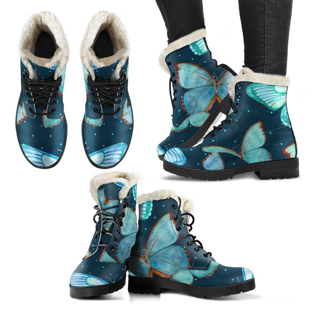 Watercolor Blue Butterfly Faux Fur Leather Hippie Boots - 2