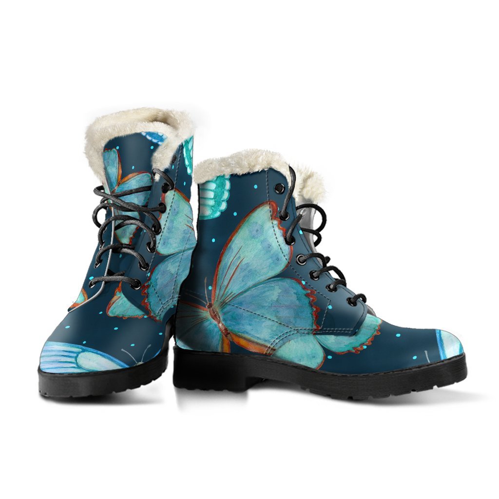 Watercolor Blue Butterfly Faux Fur Leather Hippie Boots - 3