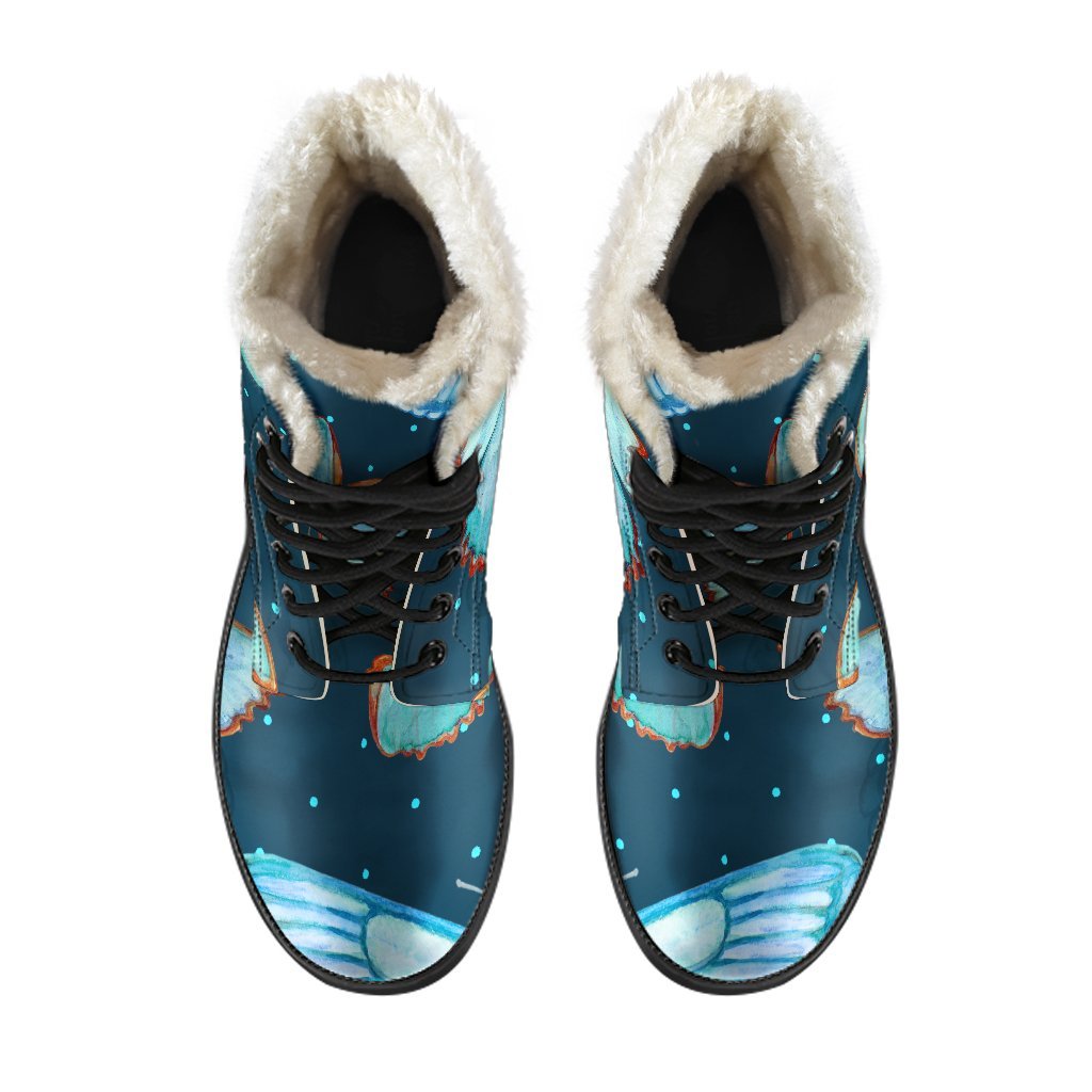 Watercolor Blue Butterfly Faux Fur Leather Hippie Boots - 4