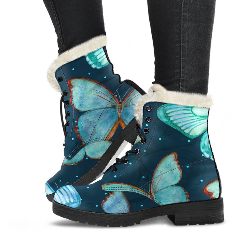 Watercolor Blue Butterfly Faux Fur Leather Hippie Boots - 1