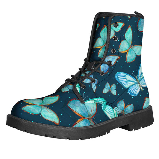 Watercolor Blue Butterfly Pattern Leather Lightweight Boots for Boho Hippies - 1