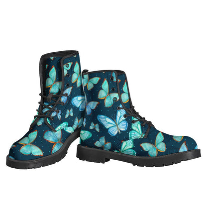 Watercolor Blue Butterfly Pattern Leather Lightweight Boots for Boho Hippies - 3