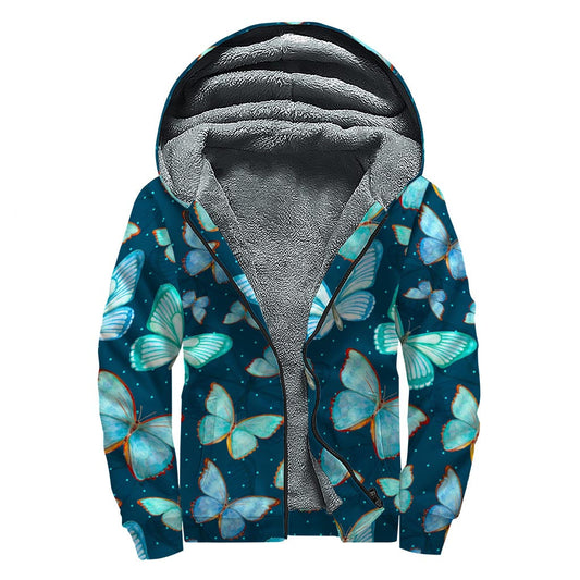 Watercolor Blue Butterfly Dream Sherpa Lined Zip Up Hoodie - 1