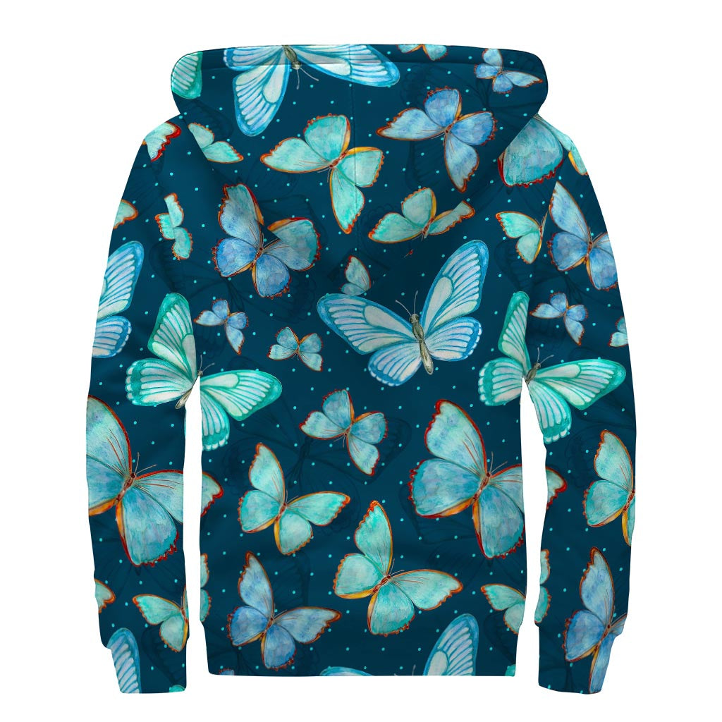 Watercolor Blue Butterfly Dream Sherpa Lined Zip Up Hoodie - 2