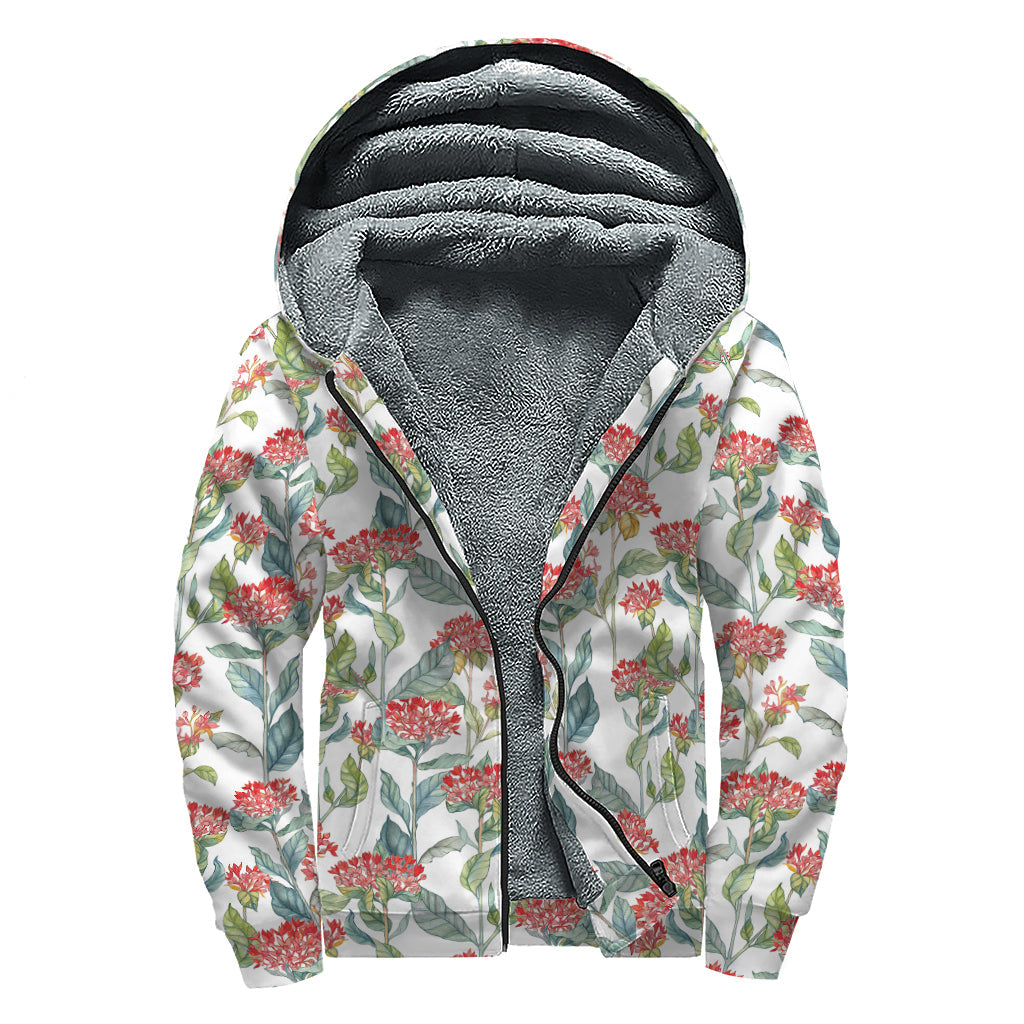 Watercolor Bouvardia Print Sherpa Lined Zip Up Hoodie - 1