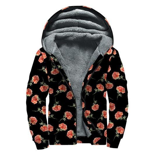 Watercolor Carnation Pattern Print Hippies Sherpa Lined Zip Up Hoodie - 1