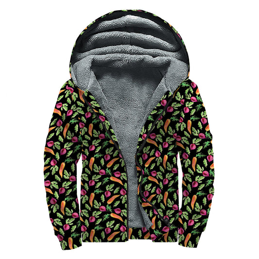 Watercolor Carrot and Radish Print Sherpa Lined Zip Up Hoodie - Stay Cozy in Hippie Style - 1