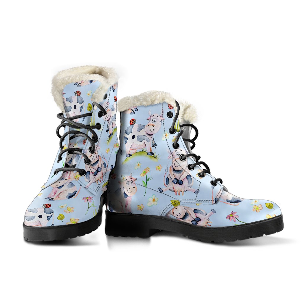 Groovy Faux Fur Leather Boots with Watercolor Cartoon Cow Pattern - 3