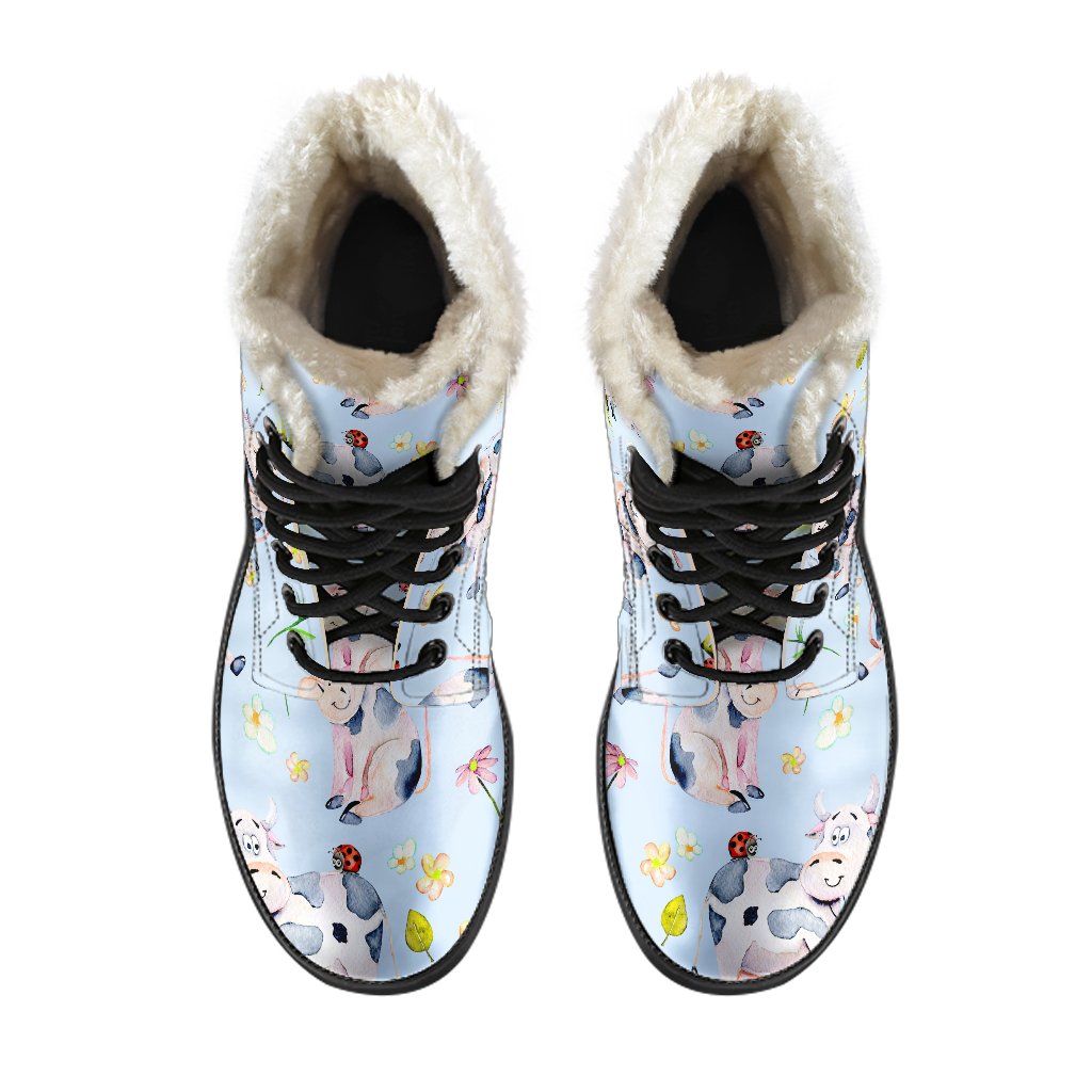 Groovy Faux Fur Leather Boots with Watercolor Cartoon Cow Pattern - 4