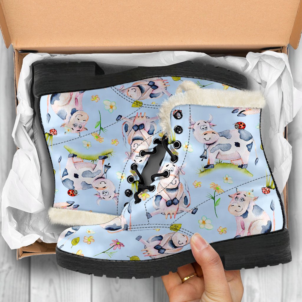 Groovy Faux Fur Leather Boots with Watercolor Cartoon Cow Pattern - 5