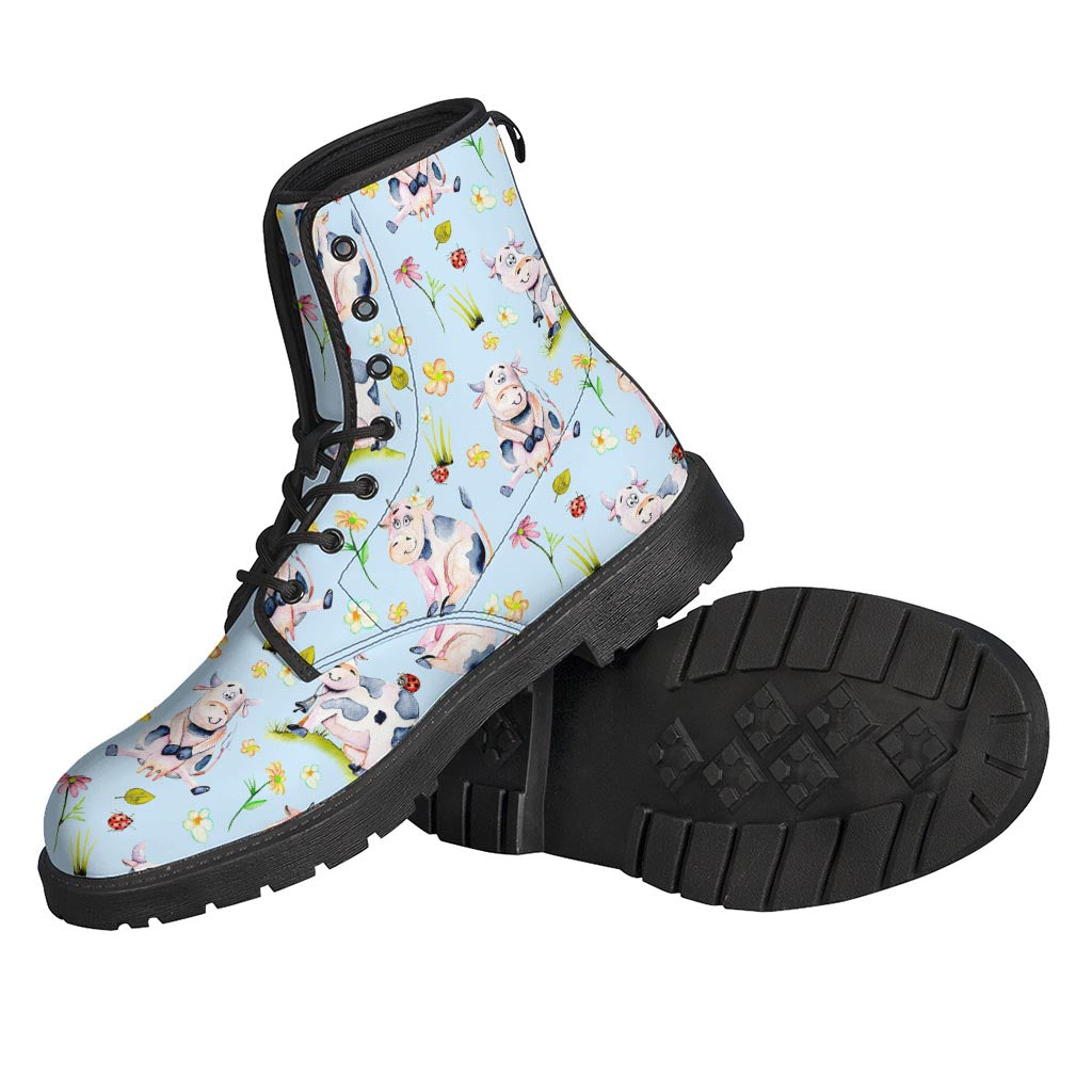 Watercolor Cartoon Cow Pattern Leather Lightweight Boots for the Groovy Hippie - 2