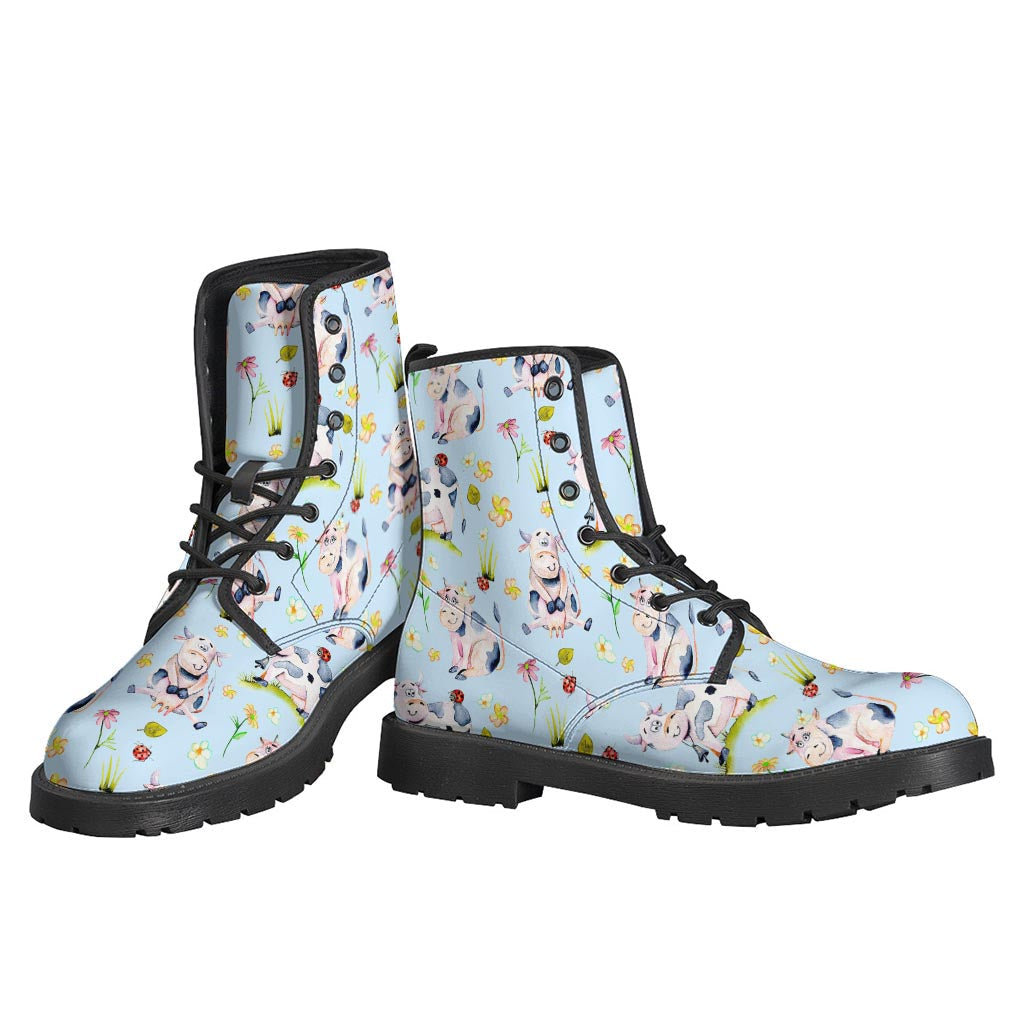 Watercolor Cartoon Cow Pattern Leather Lightweight Boots for the Groovy Hippie - 3