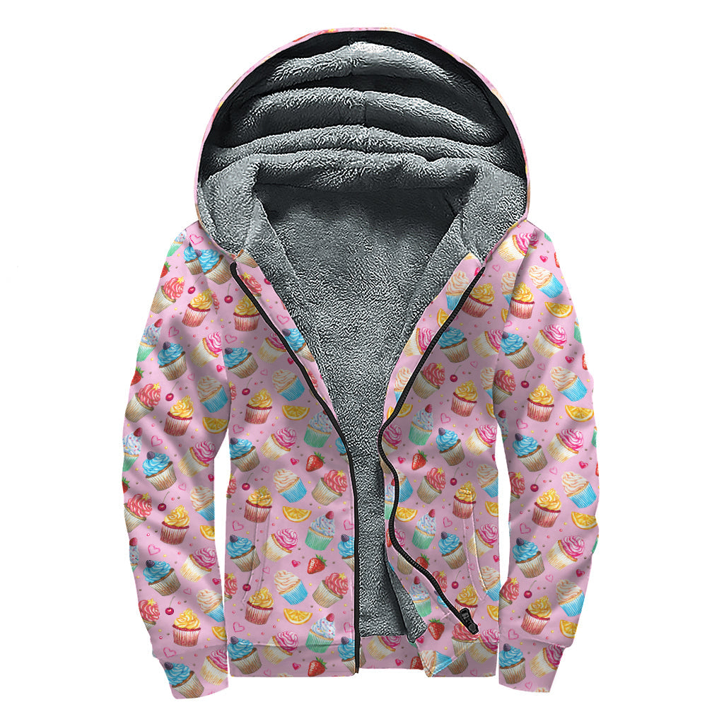 Watercolor Cupcake Pattern Print Sherpa Hoodie - 1