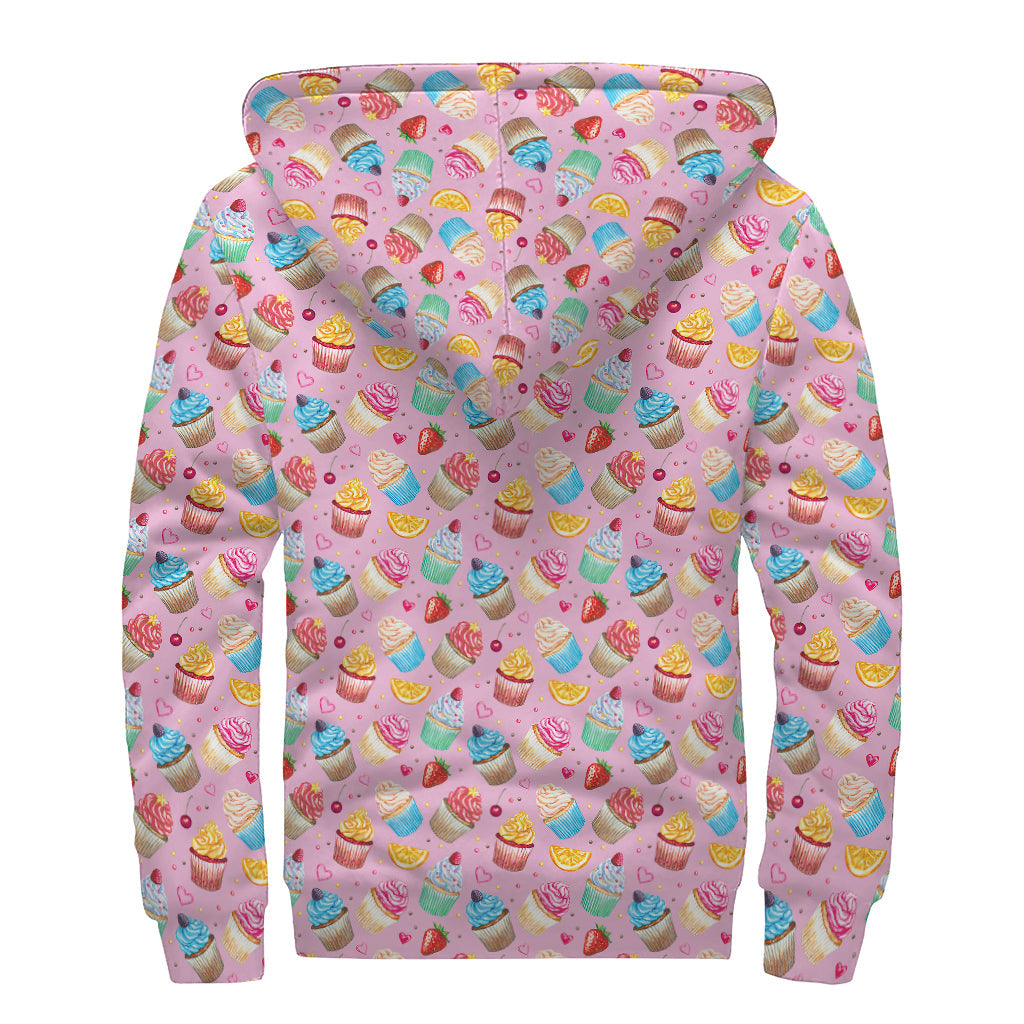 Watercolor Cupcake Pattern Print Sherpa Hoodie - 2